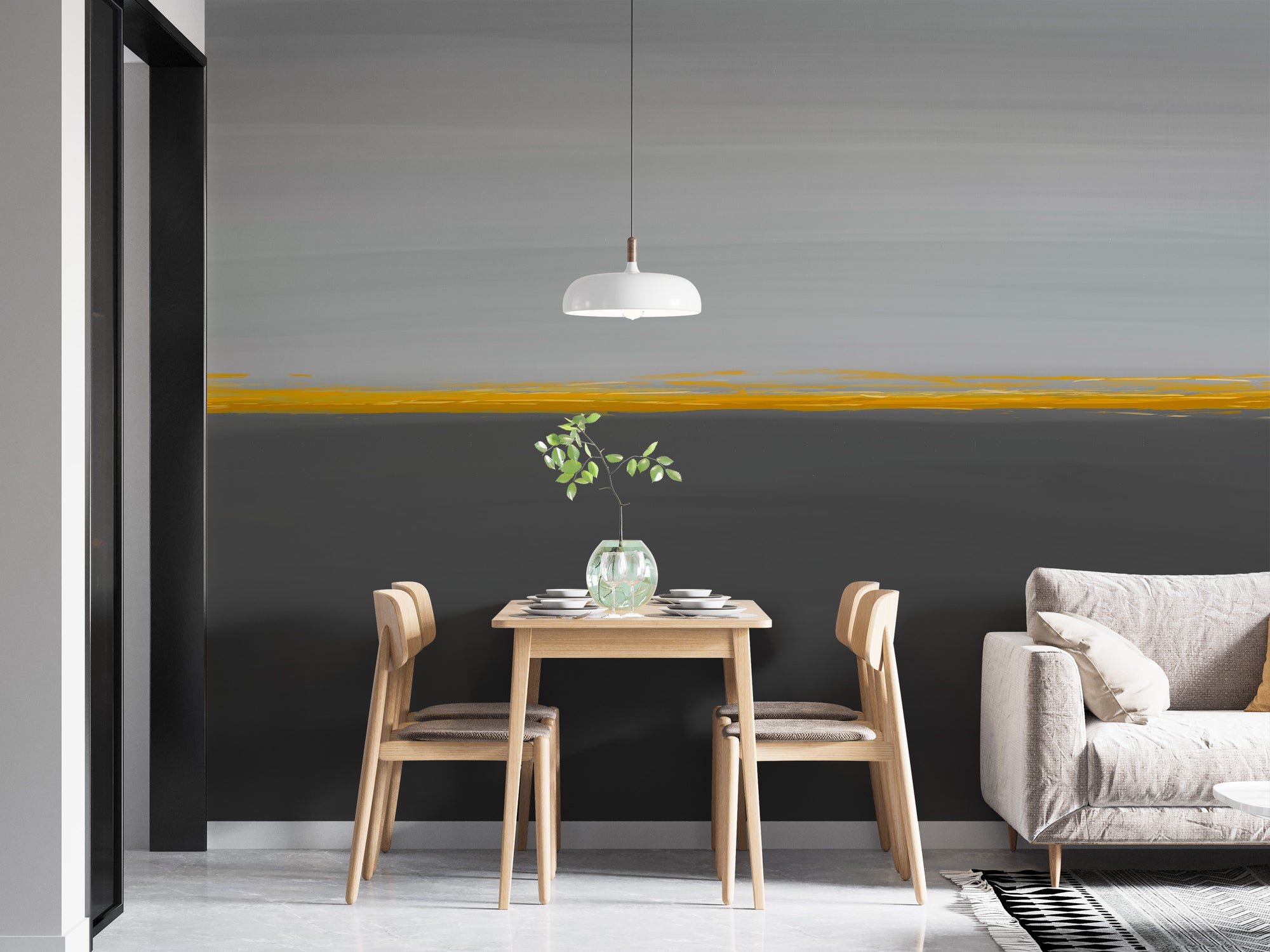 Sunrise Horizon wallpaper mural in gray and gold above a light wood dining table and chairs