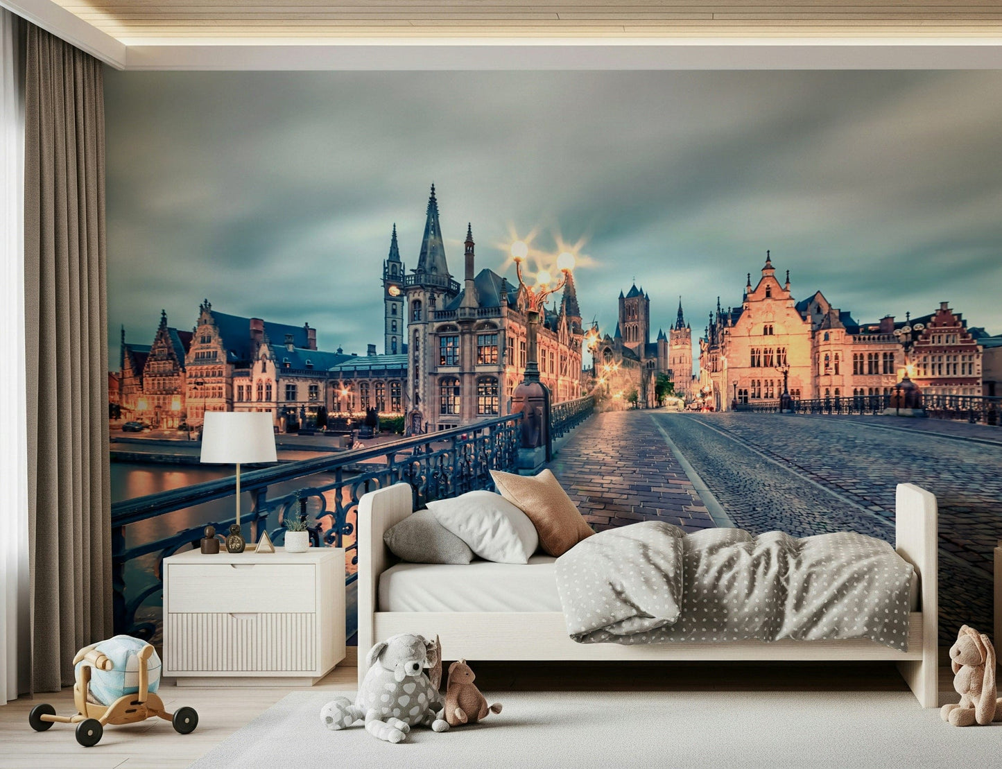 Ghent Belgium wall mural in twilight light, historic buildings with lantern glow, city wallpaper