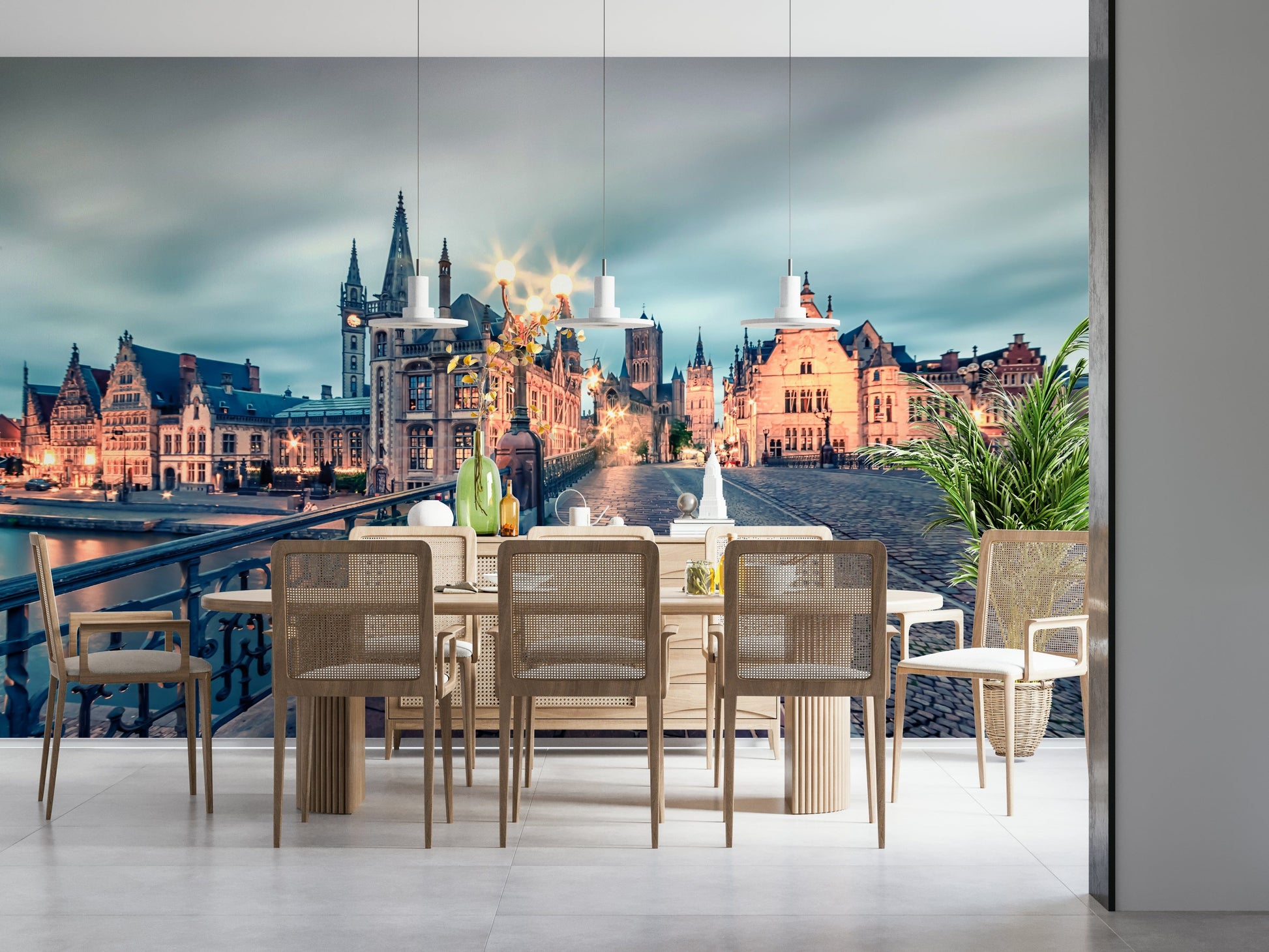 Ghent twilight glow wallpaper mural for living room, European city nightfall scene, Belgium decor