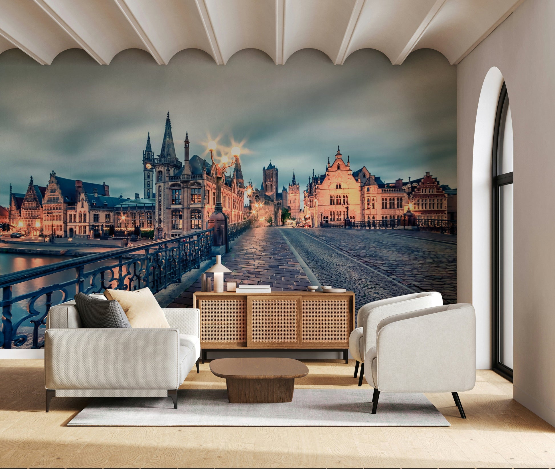 Wall mural of Ghent at dusk with gentle glow, Belgian architecture scene, large format wallpaper