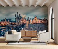 Wall mural of Ghent at dusk with gentle glow, Belgian architecture scene, large format wallpaper