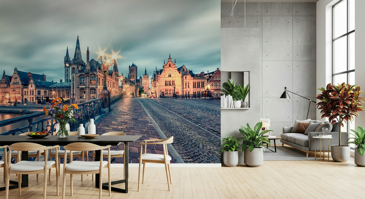 Ghent skyline at twilight wall mural, warm tones with quiet streetscape, Belgium wall wallpaper