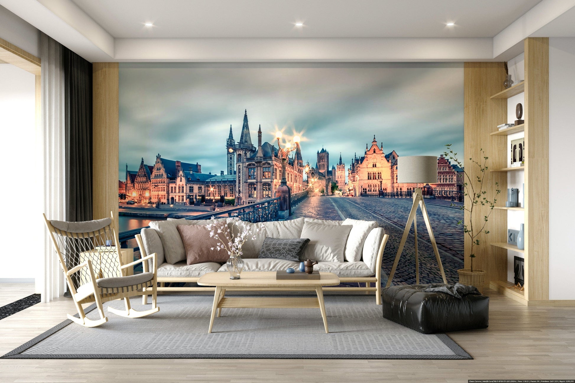 Ghent canal twilight wall mural with reflections on water, Belgium travel-inspired wallpaper mural