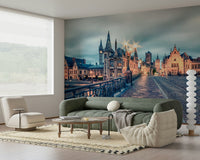 Ghent Belgium twilight wall mural showing canal-side houses in evening light, panoramic wallpaper