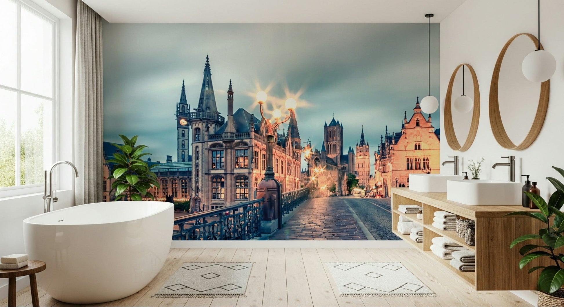 Ghent twilight glow wall mural with soft purple sky and warm streetlights, Belgium city art print