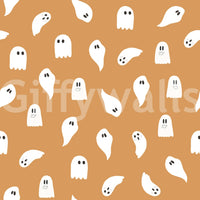 Repeating pattern of animated spooky specters for Halloween décor.