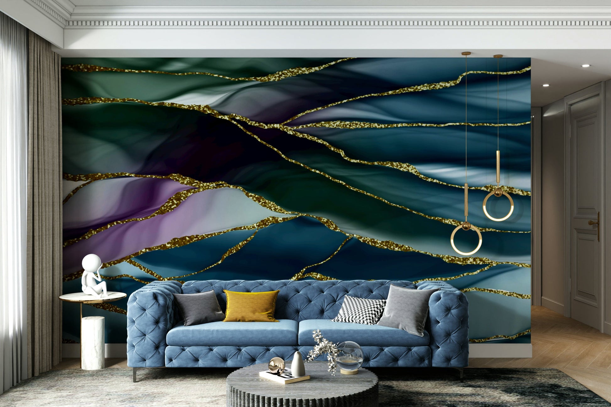 The wall art combines a flowing pattern with metallic accents.

