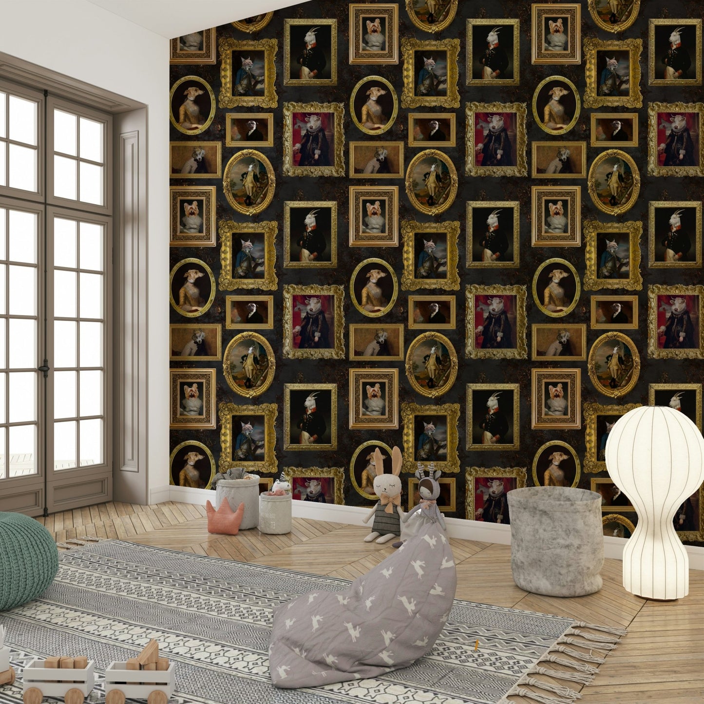 Gilded Animal Aristocracy wallpaper for a study or living room.

