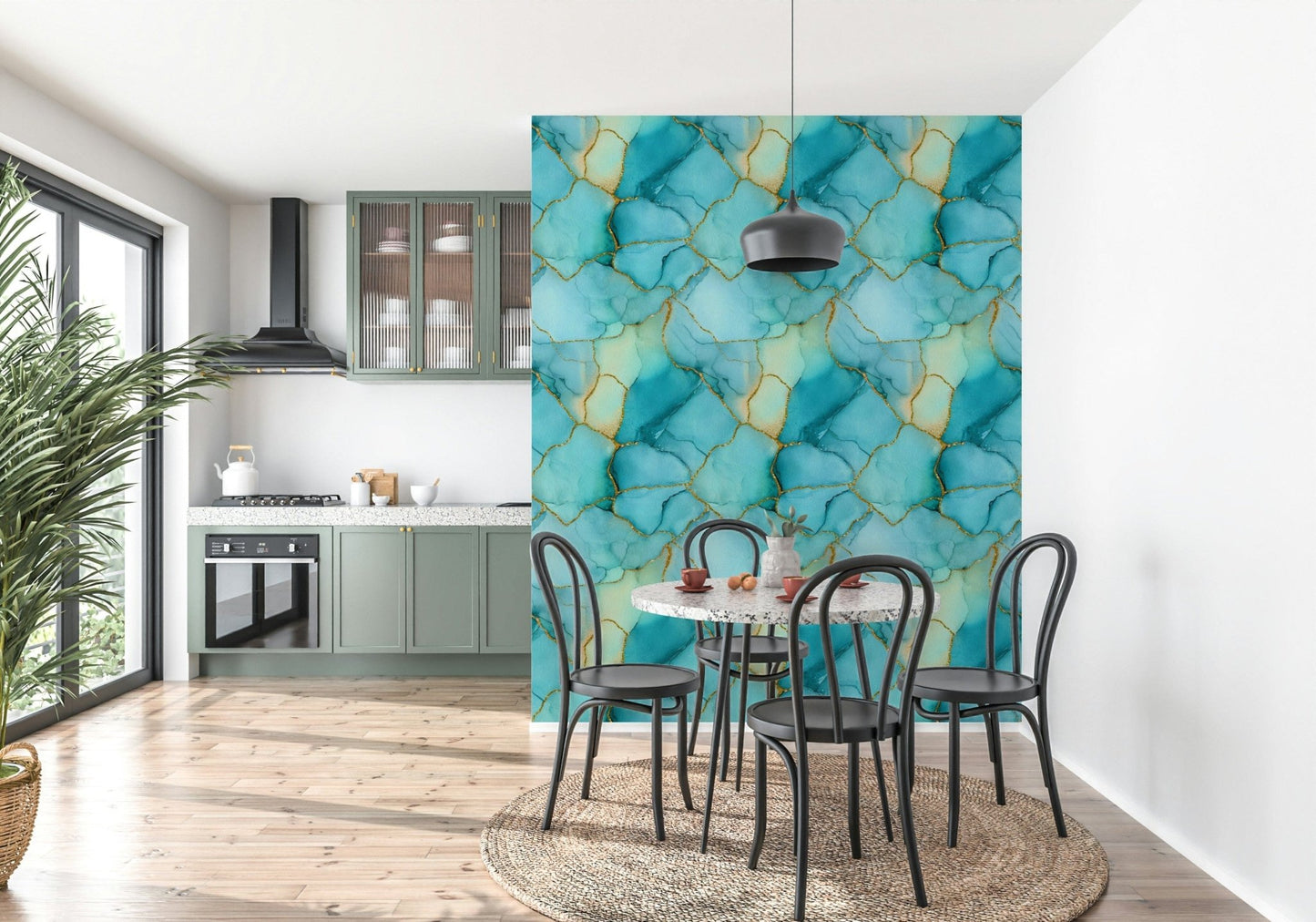 Aqua Marble Luxury Wallpaper – Polished stone-inspired pattern with glimmering gold accents for a refined, tranquil aesthetic.