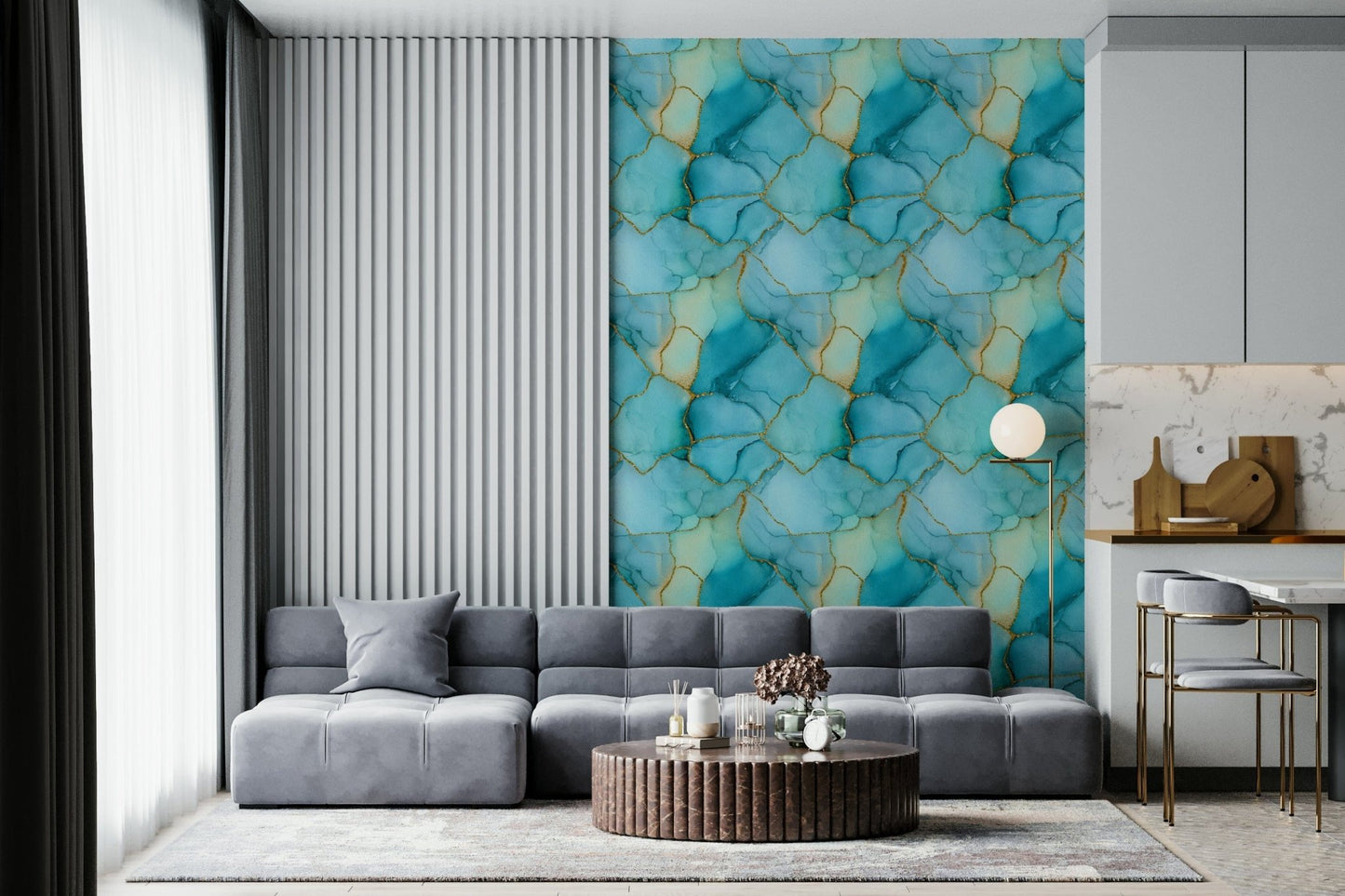 Aqua Marble Stone Effect Wallpaper with Gold Highlights – Glamorous marble pattern with gentle aqua shades and golden shimmer.