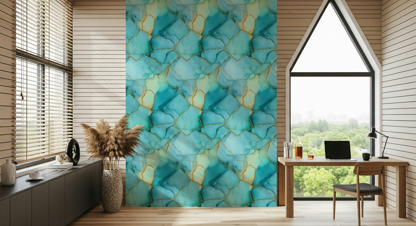 Gilded Aqua Dreams Marble Wallpaper – Elegant aqua marble design with flowing gold veins and luxurious stone texture.