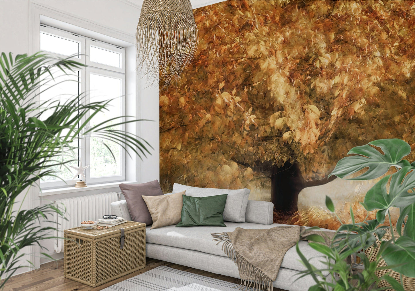 A calming foliage design wallpaper mural that defines a space.