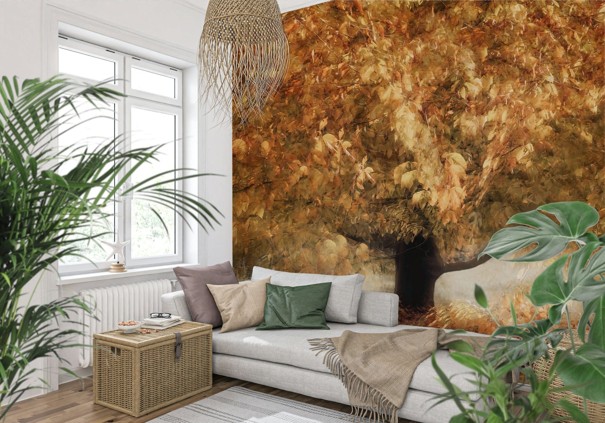 A calming foliage design wallpaper mural that defines a space.