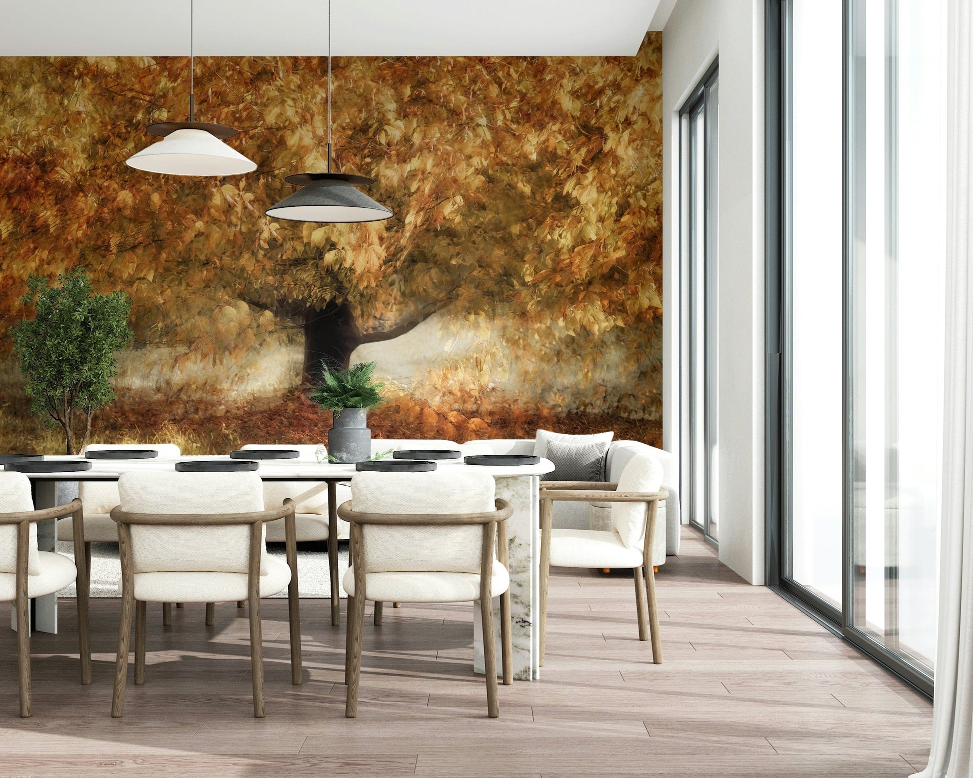 A graceful subtle leaf wall mural in soft, golden tones.