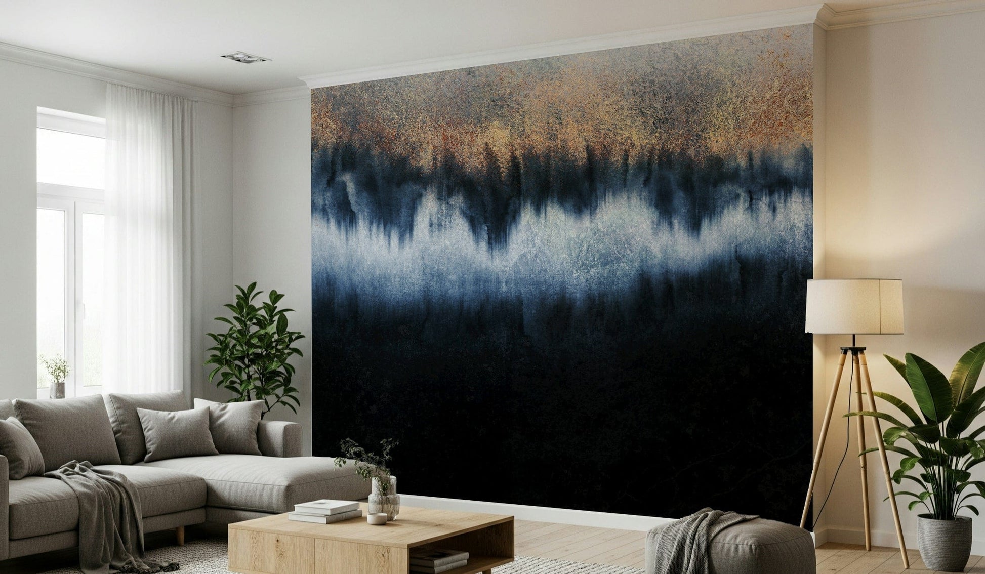 A calming abstract design wallpaper mural that defines a space.