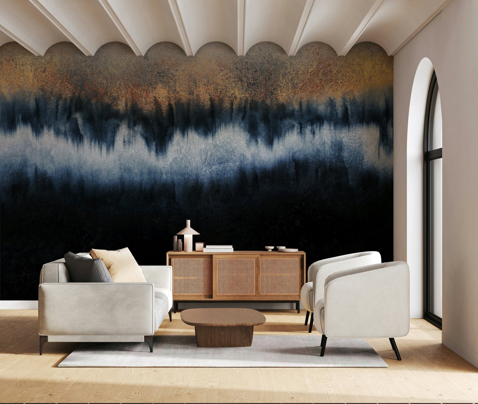 An artistic minimalist form mural for home decor.