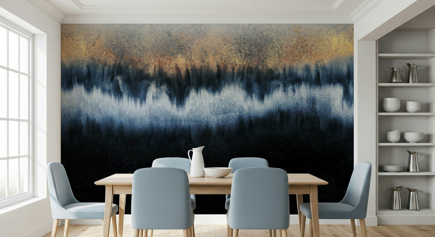 A beautiful abstract art wallpaper mural with subtle gold accents and deep colors.