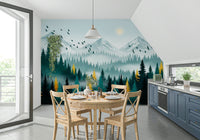 Gilded forest wall mural in modern living room, gold and deep green trees, feature wall behind sofa