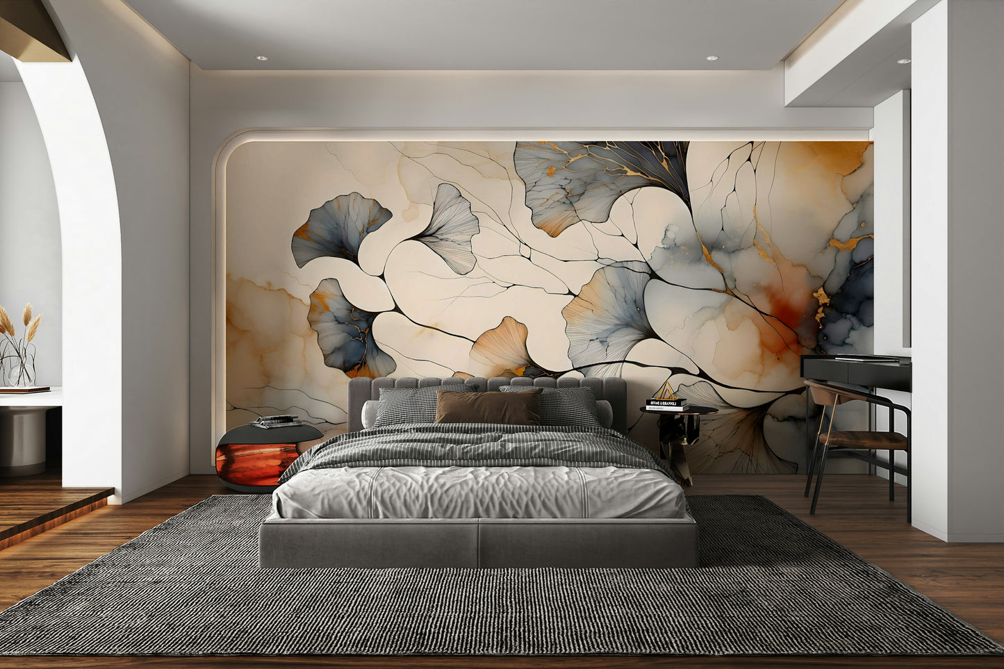 Luxury nature-themed wall decor for a contemporary apartment dining area.