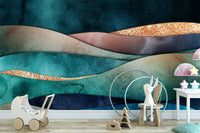 Wall mural with a gilded horizon pattern.

