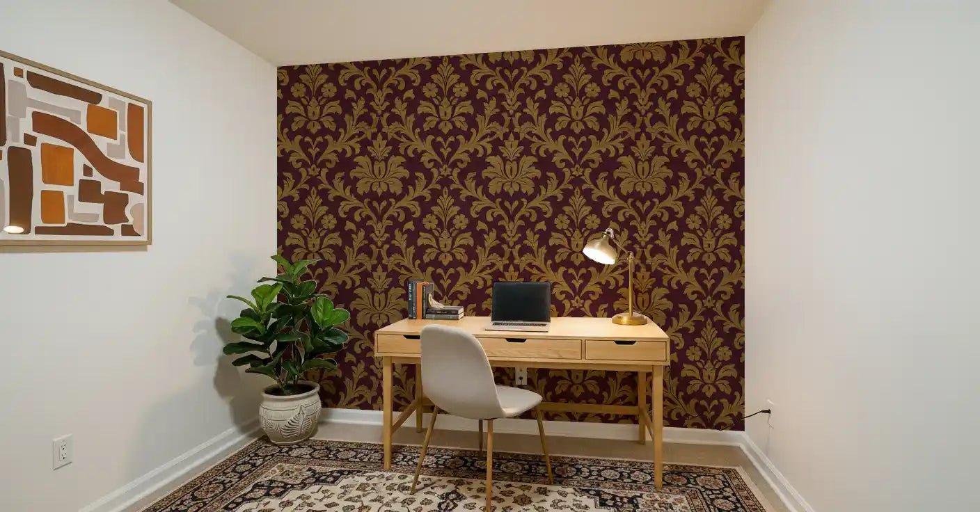 Matte finish gilded leaves wall mural perfect for cozy Study room.
