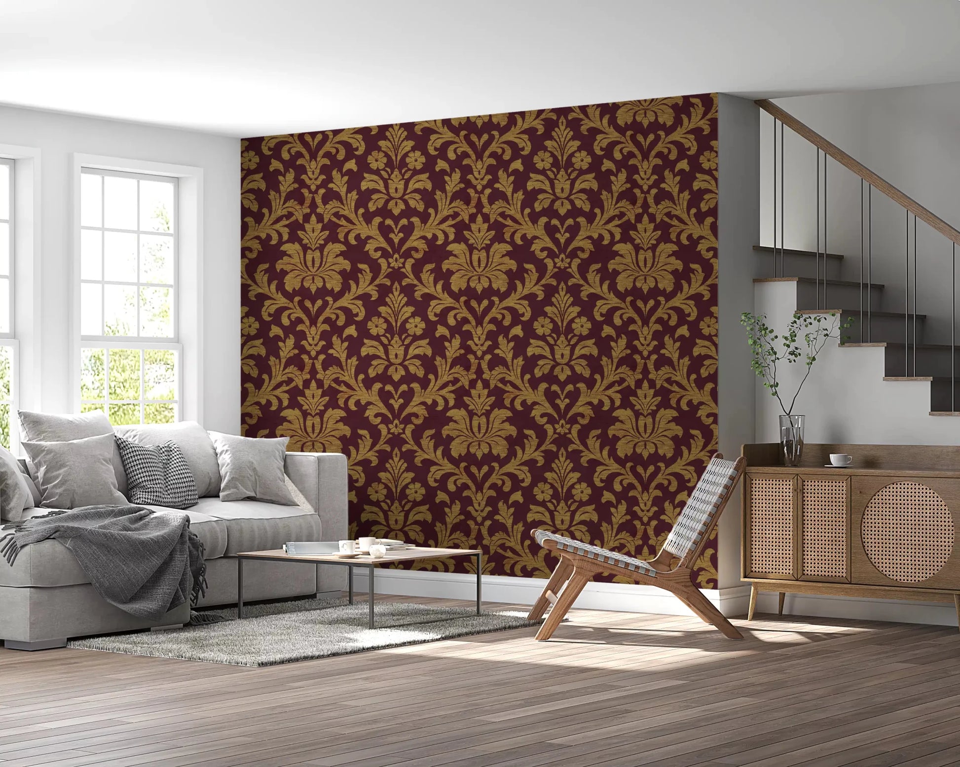 Peel and stick gilded leaves wallpaper for sophisticated entryways.