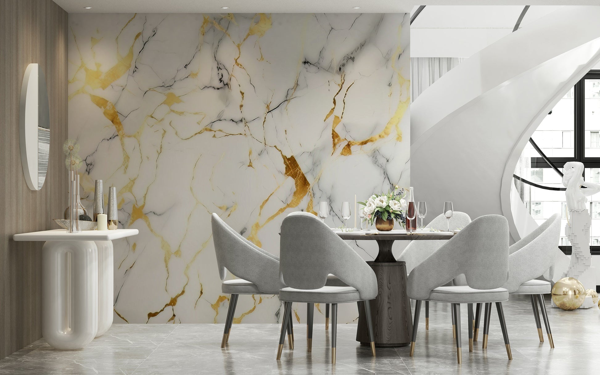 Wall mural depicting artistic marble swirls with shimmering gold details for statement walls.