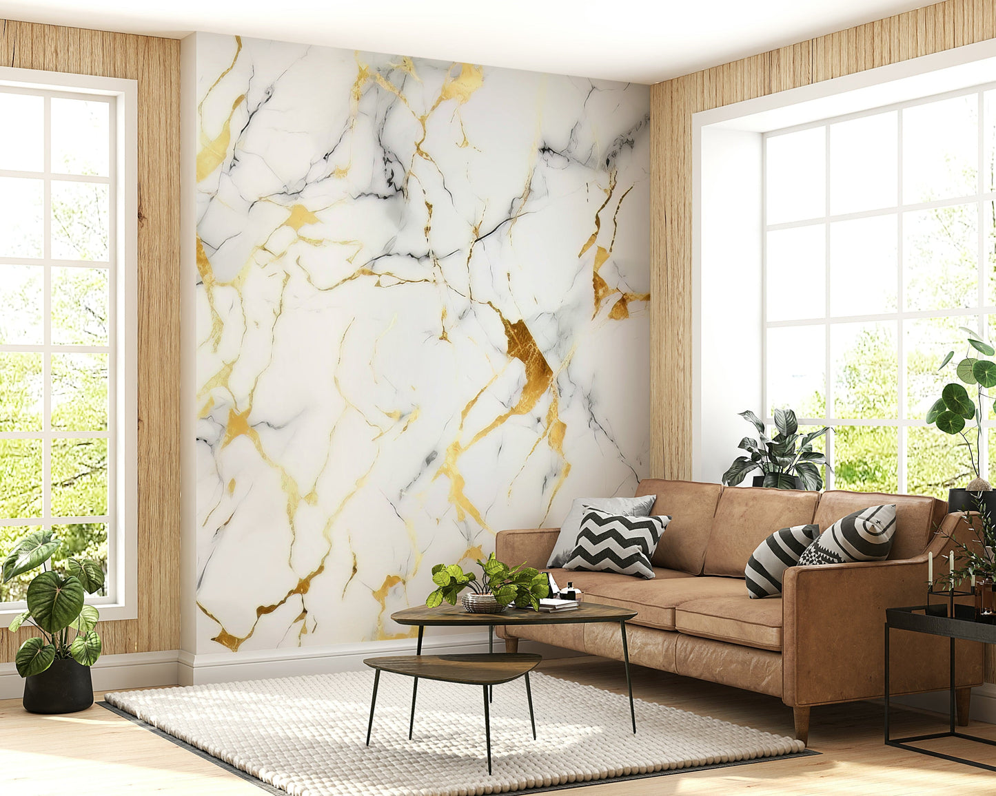 Decorative wall mural showcasing elegant marble patterns with shimmering gilded veins.