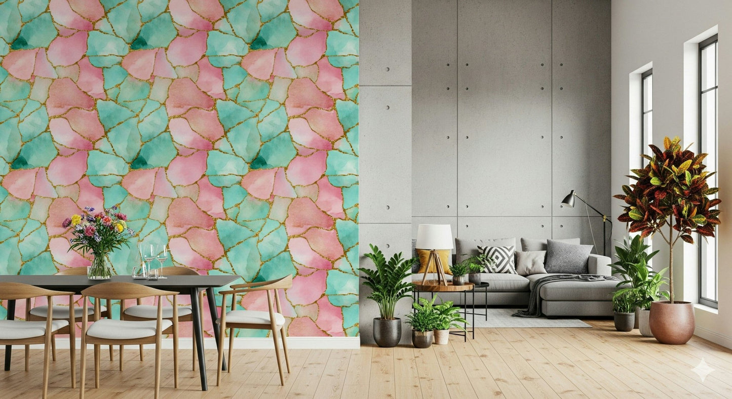 Detailed decorative wallpaper featuring pink and turquoise water patterns with gilded accents