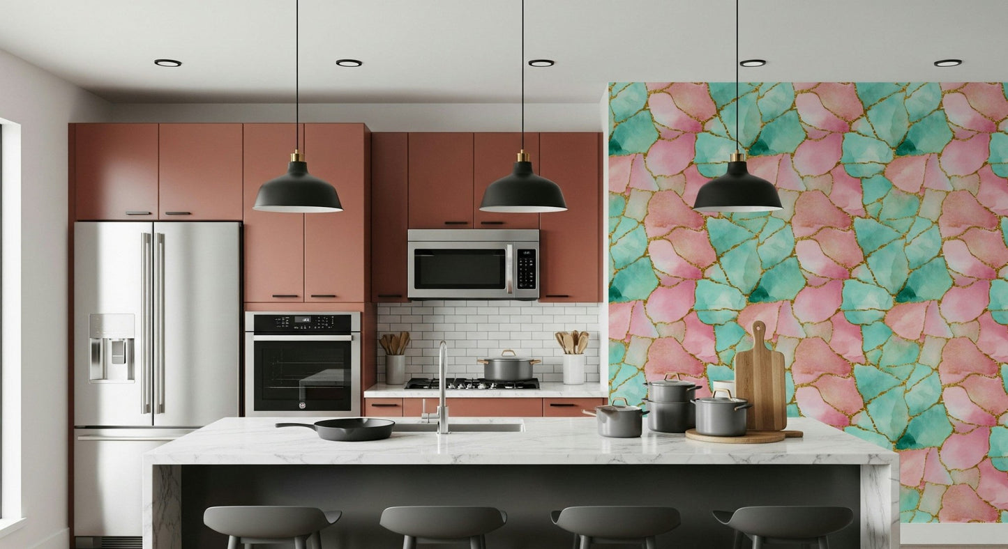 Contemporary wall covering featuring gilded accents on pink and turquoise watery textures