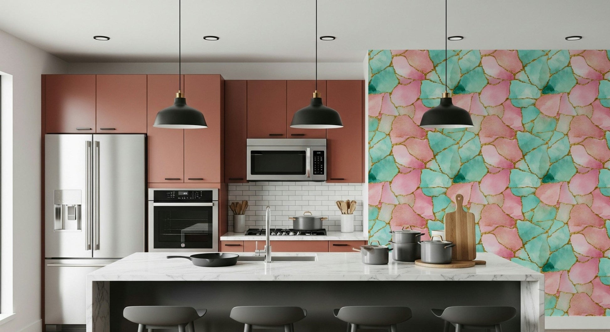 Contemporary wall covering featuring gilded accents on pink and turquoise watery textures