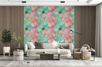 Modern wallpaper design blending turquoise and pink with metallic gold veins