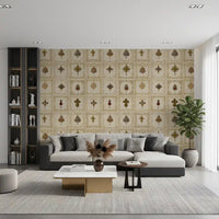 The light gilded relics wall mural establishes a bright atmosphere in a living area.