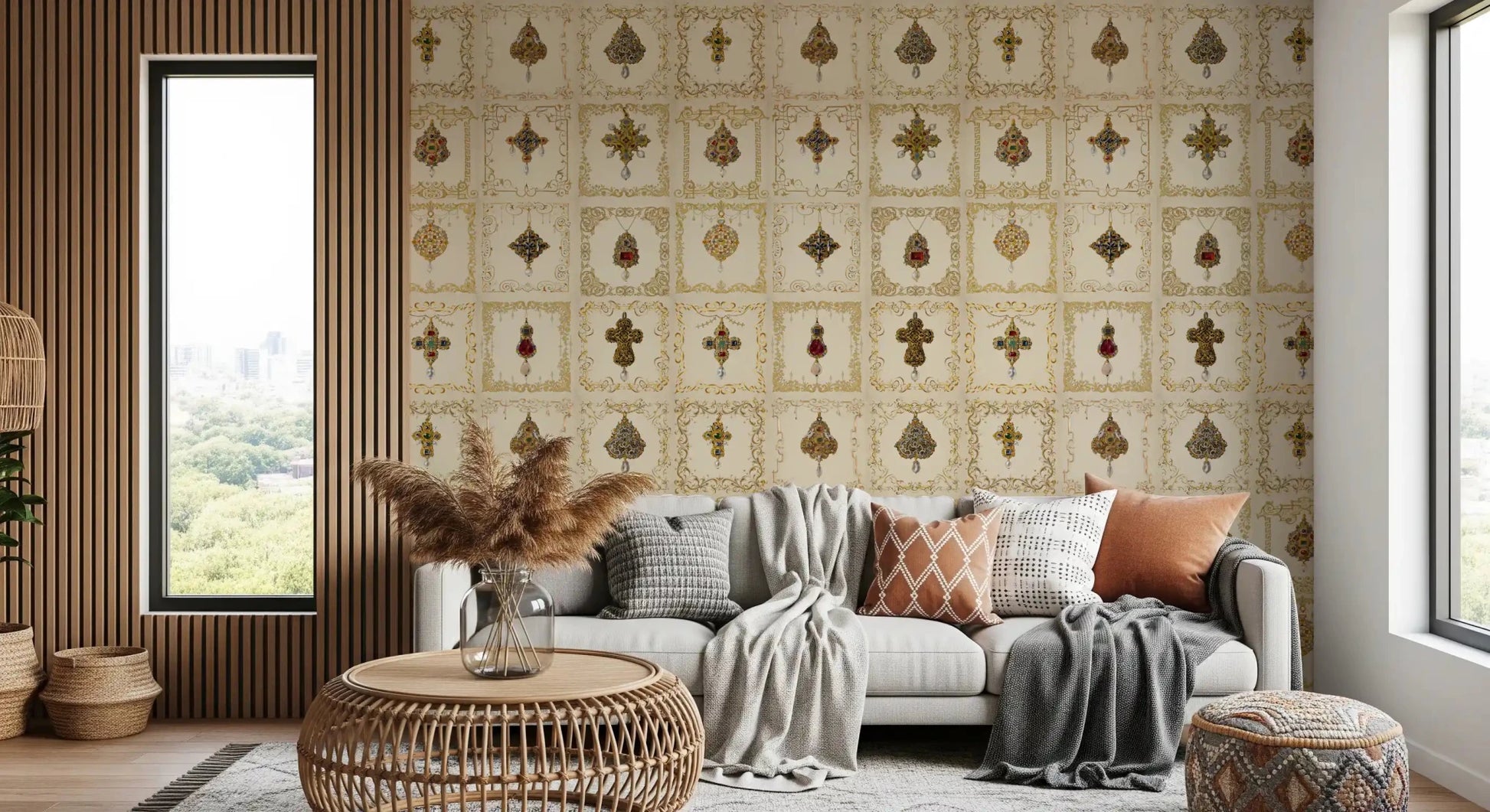 The gilded relics pattern wall mural greets guests in a grand home entryway.