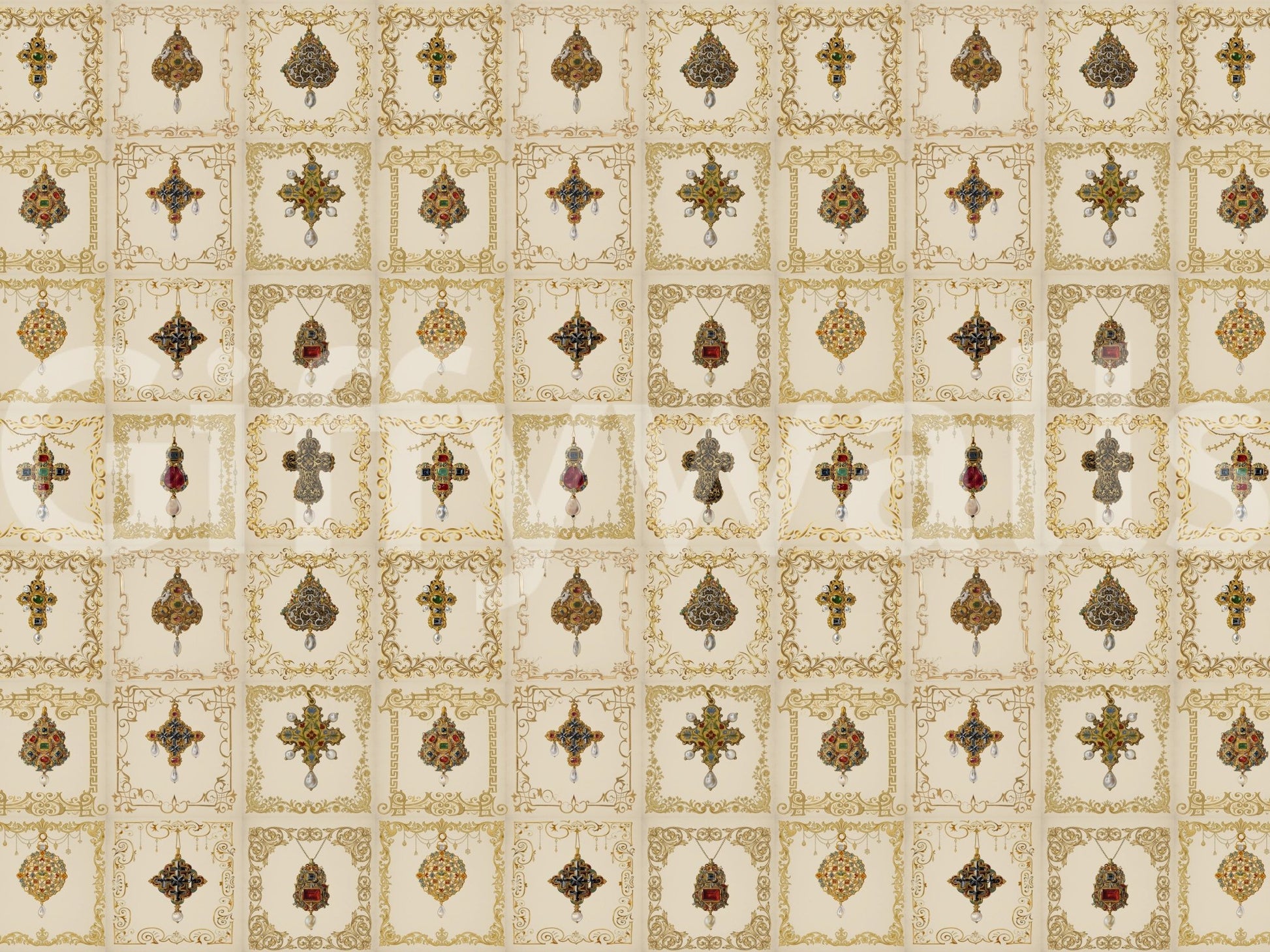 Pearl drops hang from jeweled crosses in this Gilded Relics Pattern wall mural.