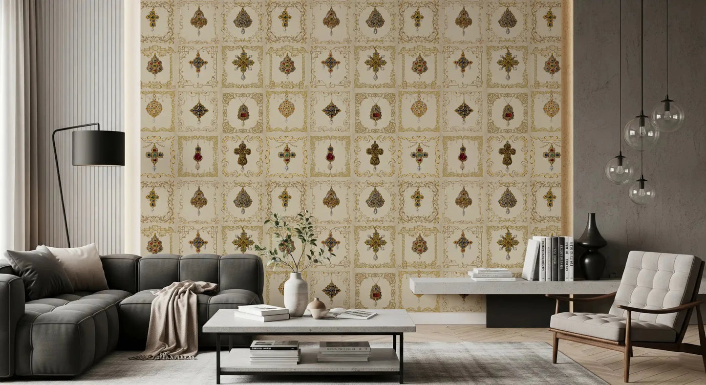 The gilded relics pattern wall mural adds luxury to a living room feature wall.