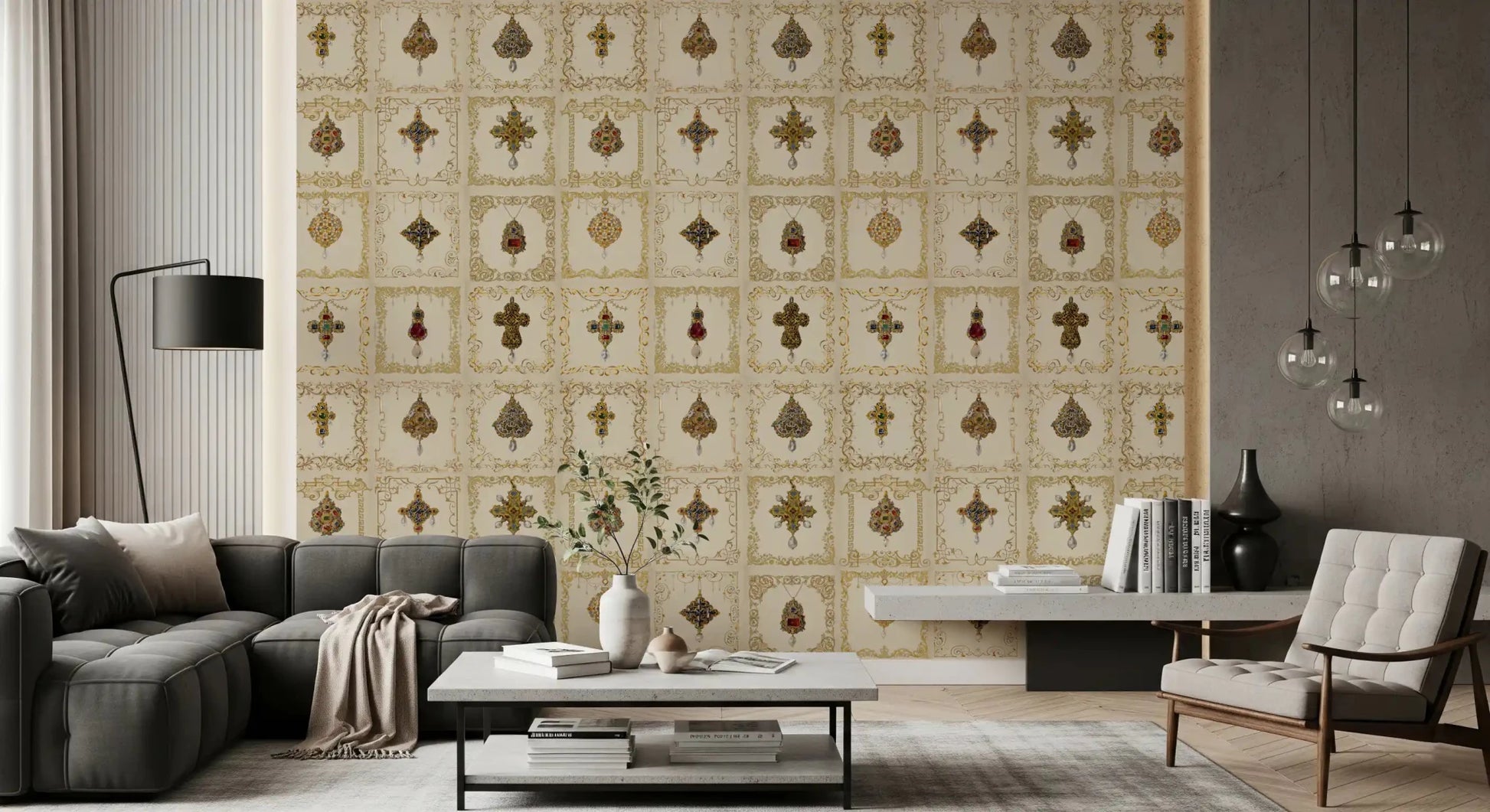 The gilded relics pattern wall mural adds luxury to a living room feature wall.