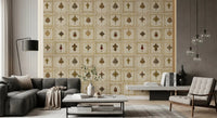 The gilded relics pattern wall mural adds luxury to a living room feature wall.