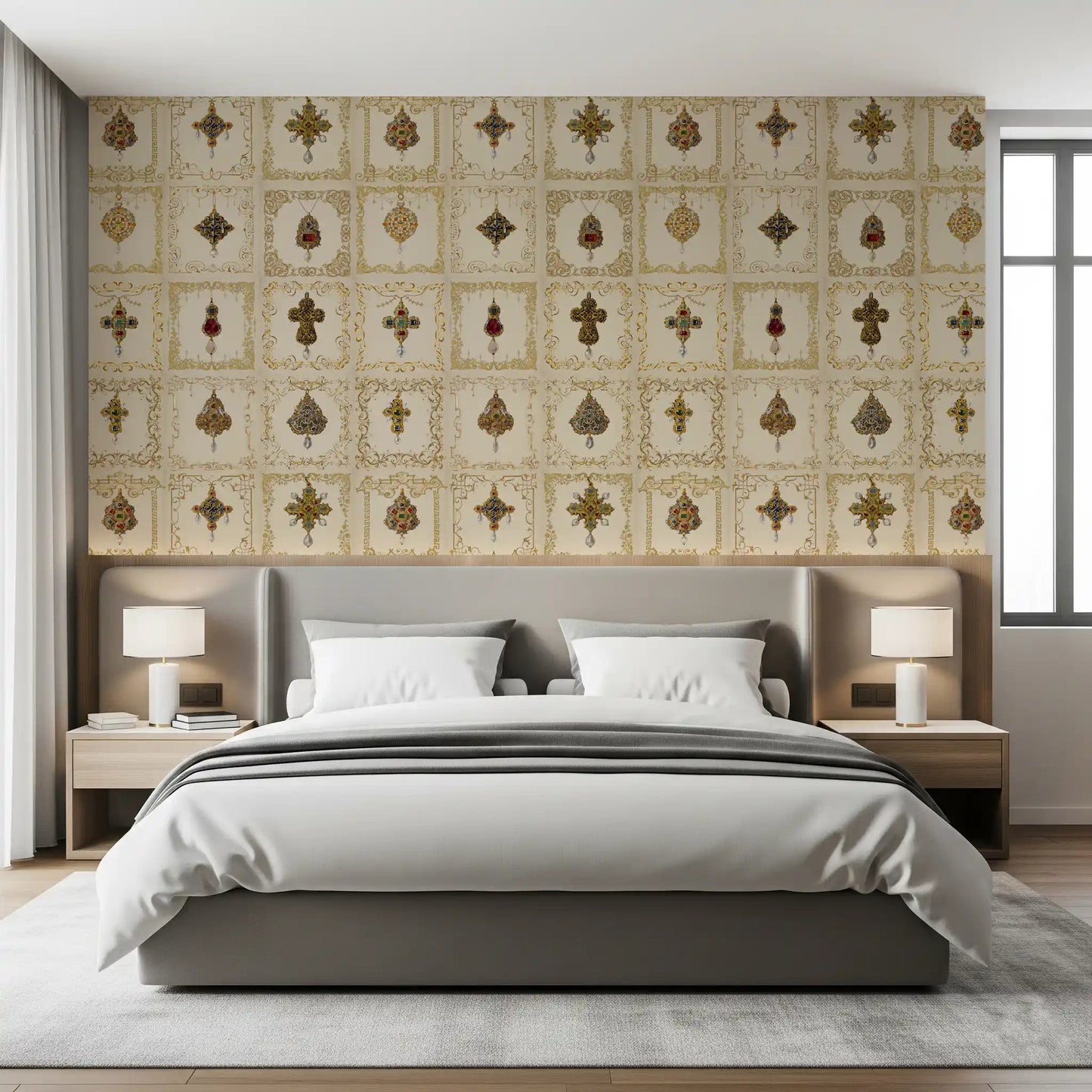 The gold and cream gilded wall mural lines a sophisticated bedroom