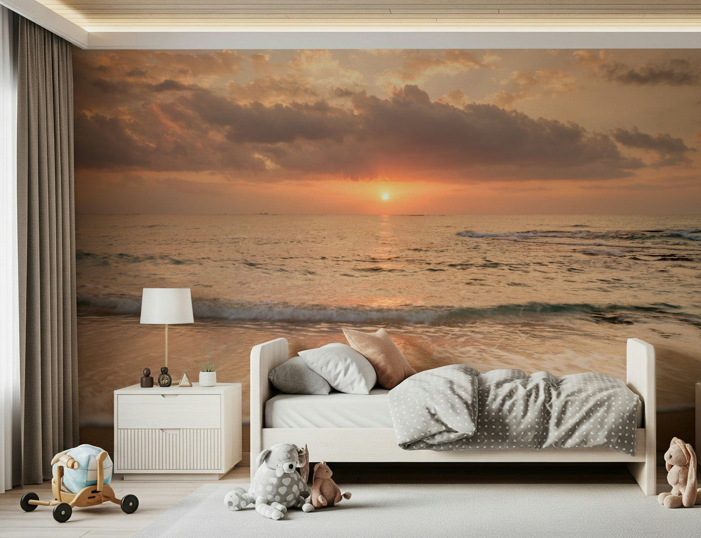 Panoramic Gilded Shores seascape mural with subtle cloud and sky textures.