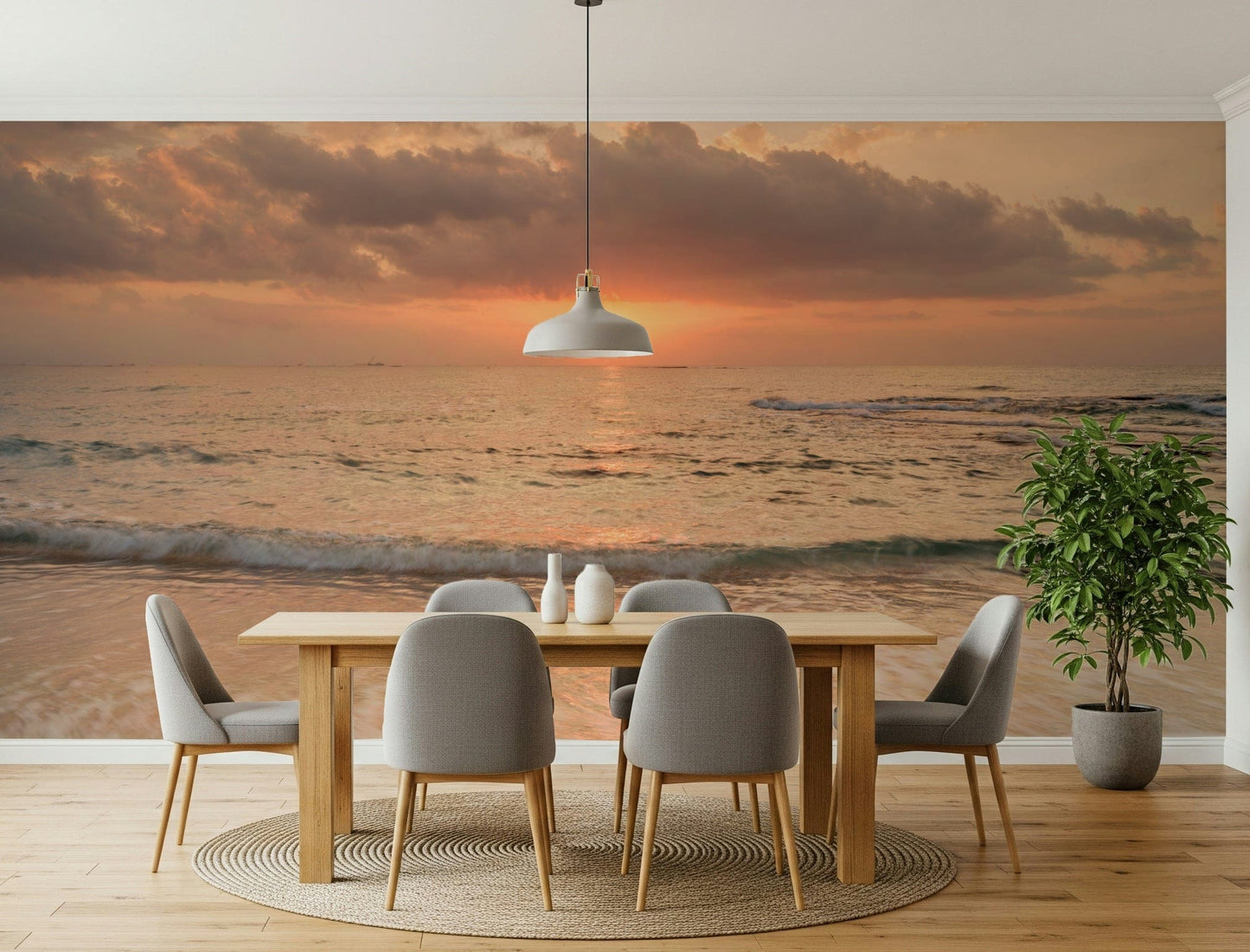 Beautiful Dusk Wall Mural featuring a sun setting over the tranquil sea.