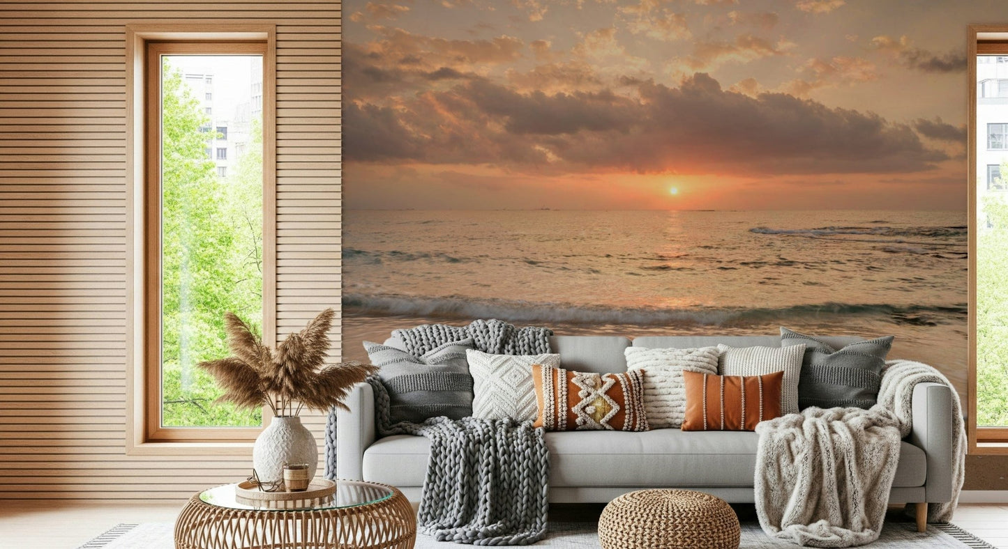 Warm glow of Dusk over the ocean, inviting beach wall mural decoration.