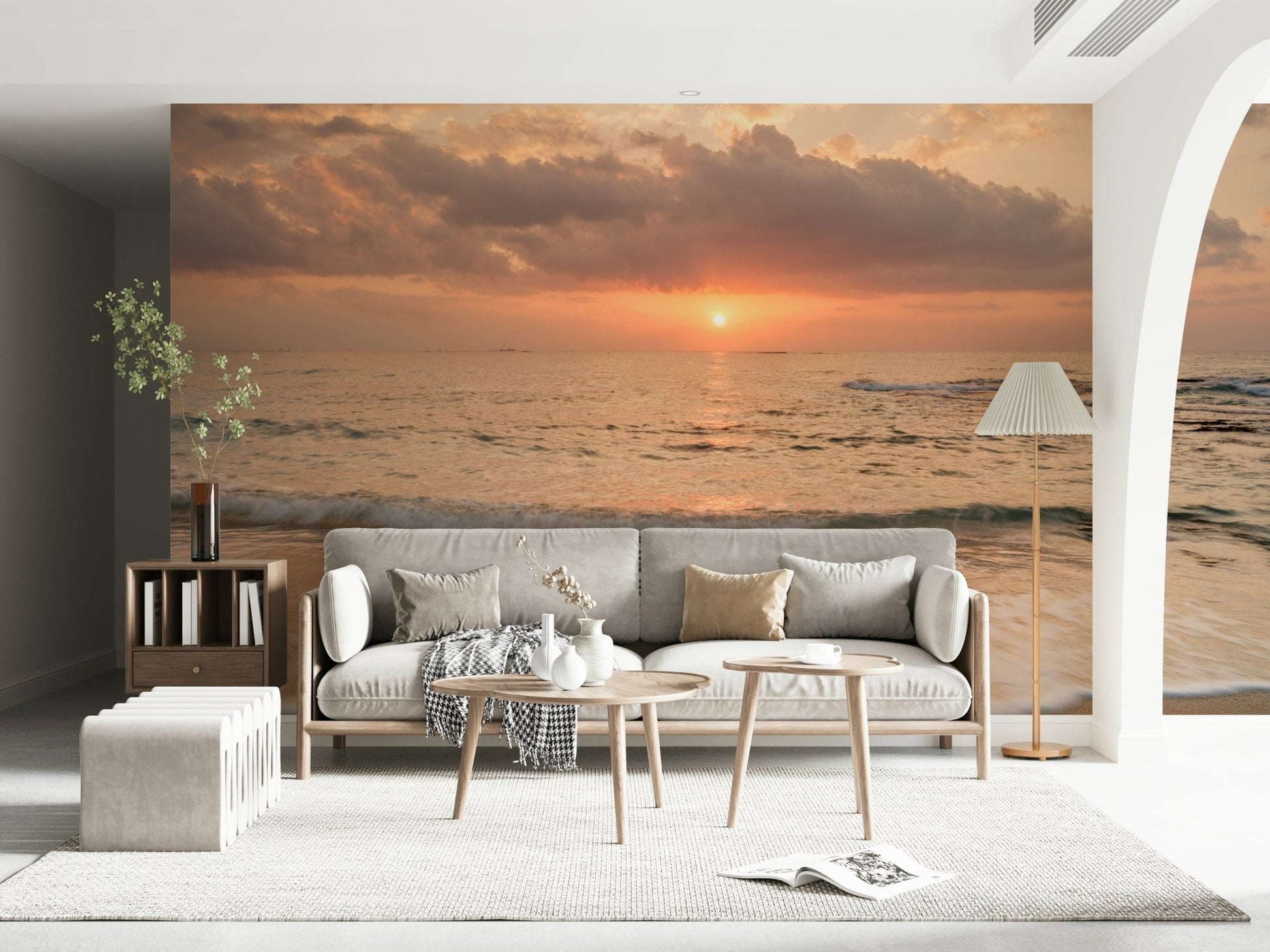 Inspiring Gilded Shores beach scene wall mural, peaceful horizon perspective.