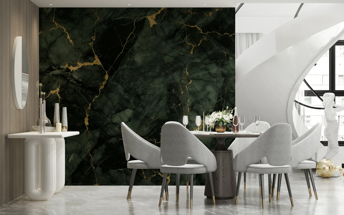 Gilded Stone Wall Mural featuring textured stone surfaces with shimmering gold accents.