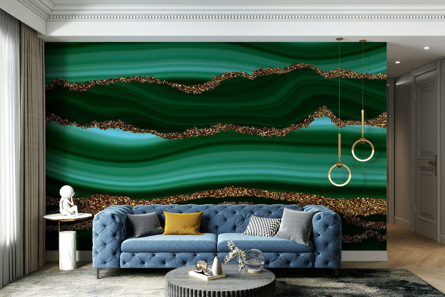 Wall mural with a gilded malachite pattern.

