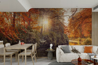The mural shows a peaceful forest scene.

