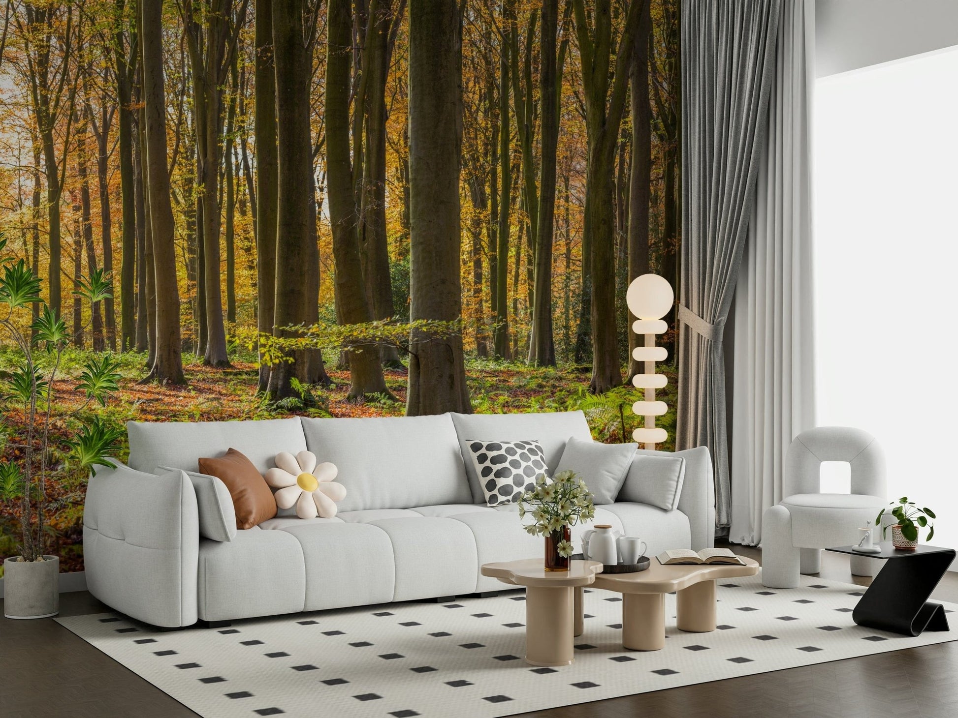 Peaceful Gilded Woods forest floor of ferns and fallen leaves decor.