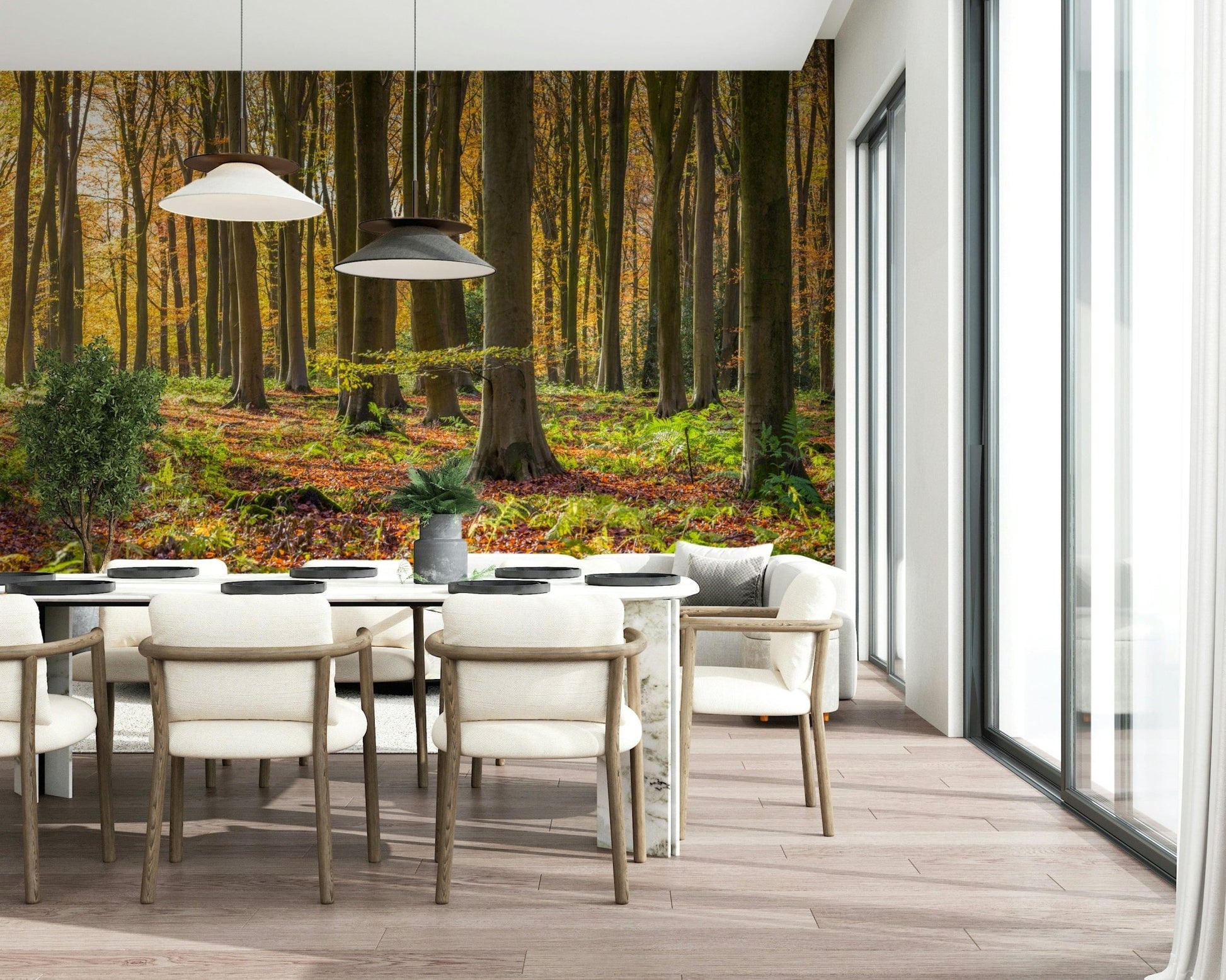 Golden light filtering through Gilded Woods wall covering scenery.