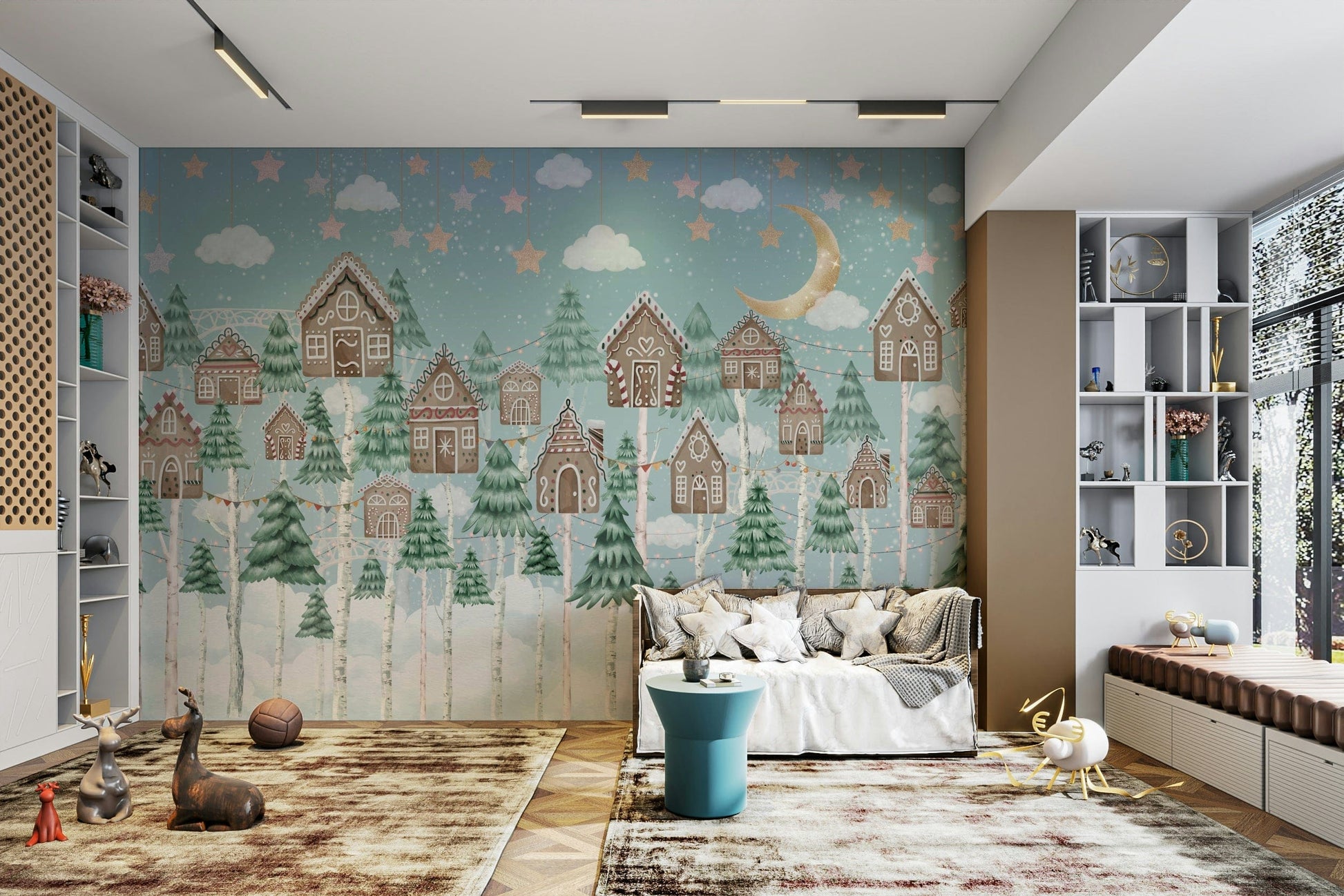 A peaceful wall mural with a whimsical gingerbread forest scene.

