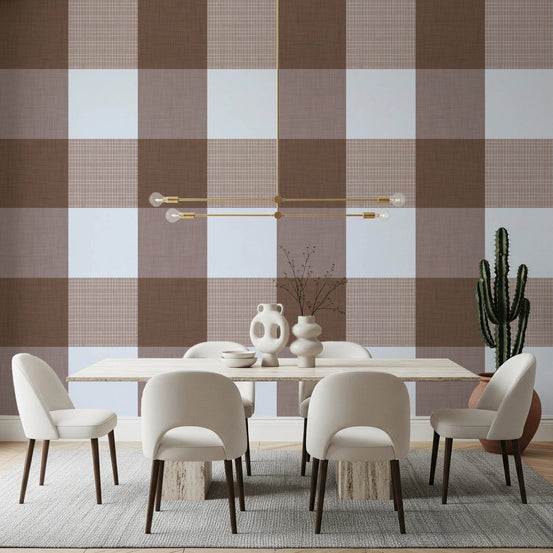 Gingham Mocha Borwn Linen Texture Country Wallpaper⁠